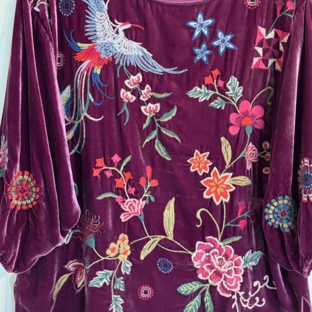 Johnny Was Nikkola heavily embroidered Purple Velvet Boatneck Blouse NWT